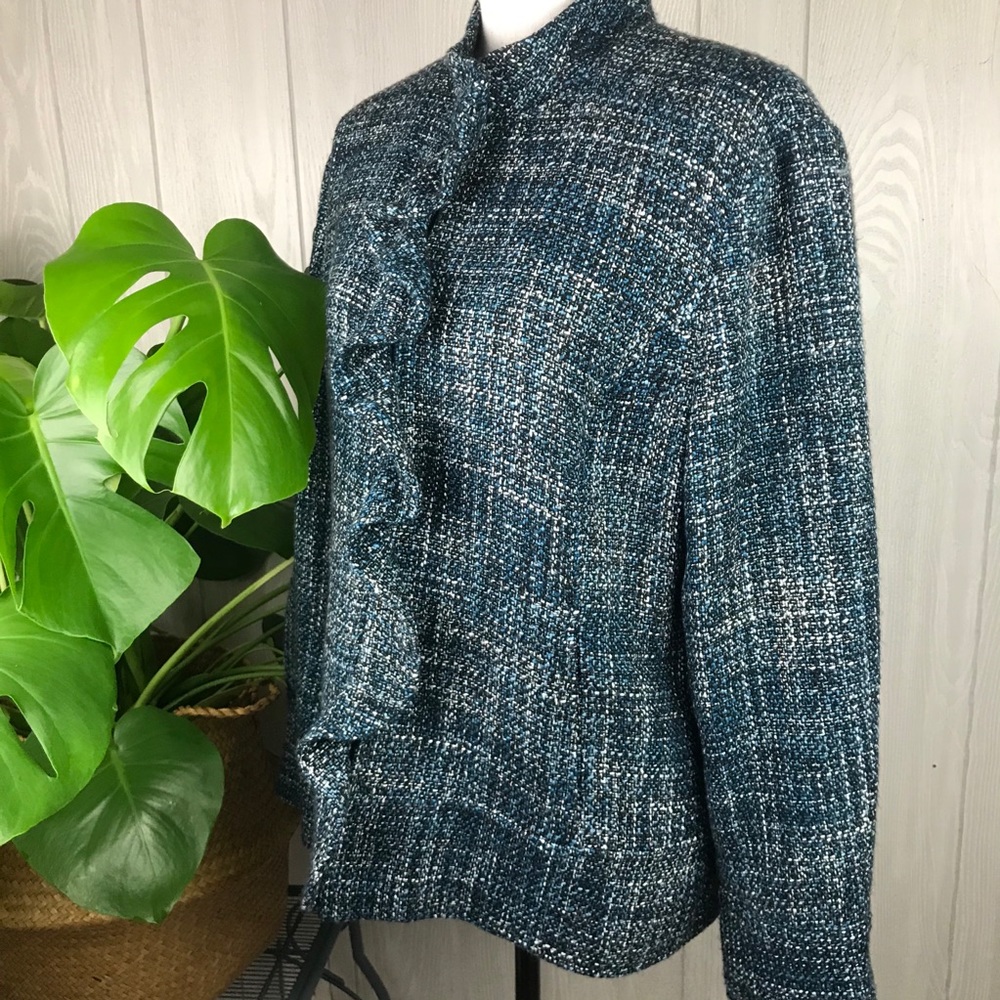 Chico’s blue tweed ruffle button front jacket size 3 or US XL